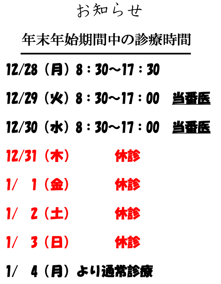 年末年始期間中の診療時間